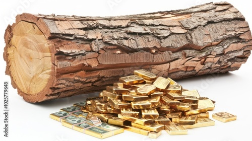 A Pile of Gold Bars and US Dollar Bills Beside a Log