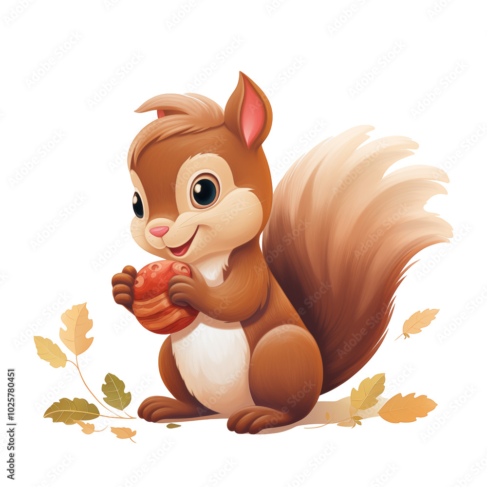 Happy Squirrel Holding An Acorn With Autumn Leaves Falling Around Happy Squirrel Holding An Acorn With Autumn Leaves Falling Around