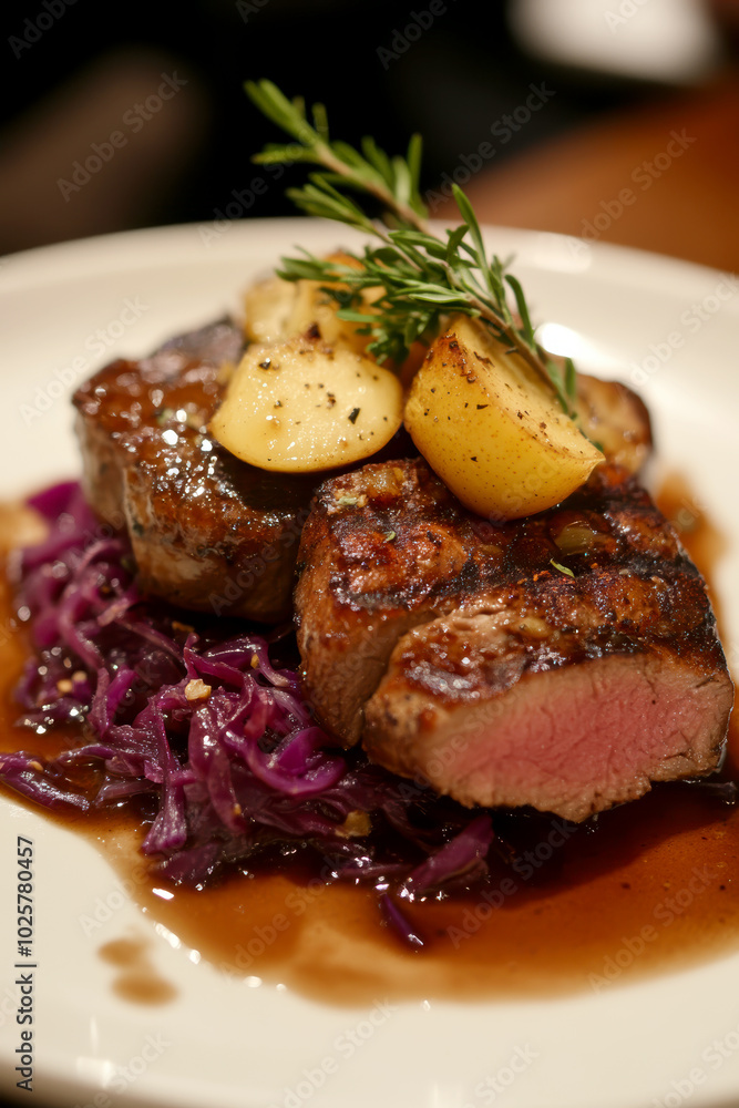 Duck fillet,red cabbage and apple mousse. AI generative. Duck fillet,red cabbage and apple mousse. AI generative.