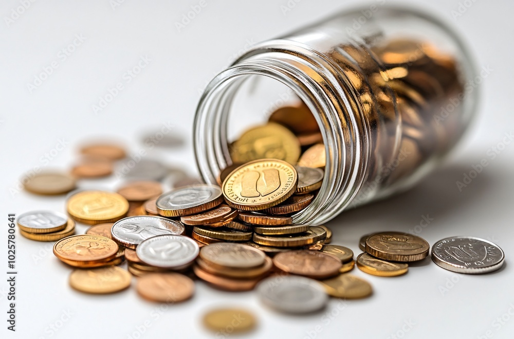 Gold coins stacked in a glass jar, a symbol of wealth and financial success Gold coins stacked in a glass jar, a symbol of wealth and financial success