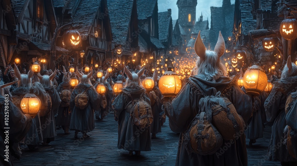 Naklejka premium Hooded figures carrying lanterns in a spooky, festive night atmosphere.