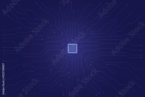 Abstract digital circuit board on technology blue background. Circuit connected lines and dots on abstract motherboard.  Navy gradient tech vector illustration.