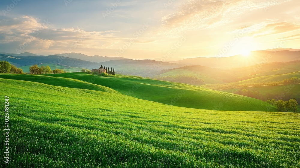 Obraz premium Serene Green Fields Under a Golden Sunset