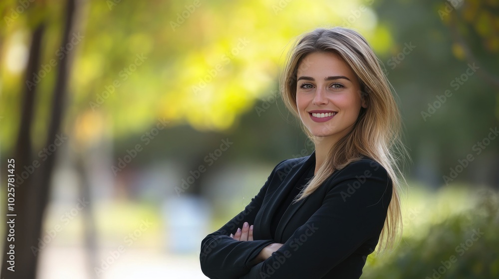 Poised Businesswoman in Stylish Suit Outdoors Poised Businesswoman in Stylish Suit Outdoors