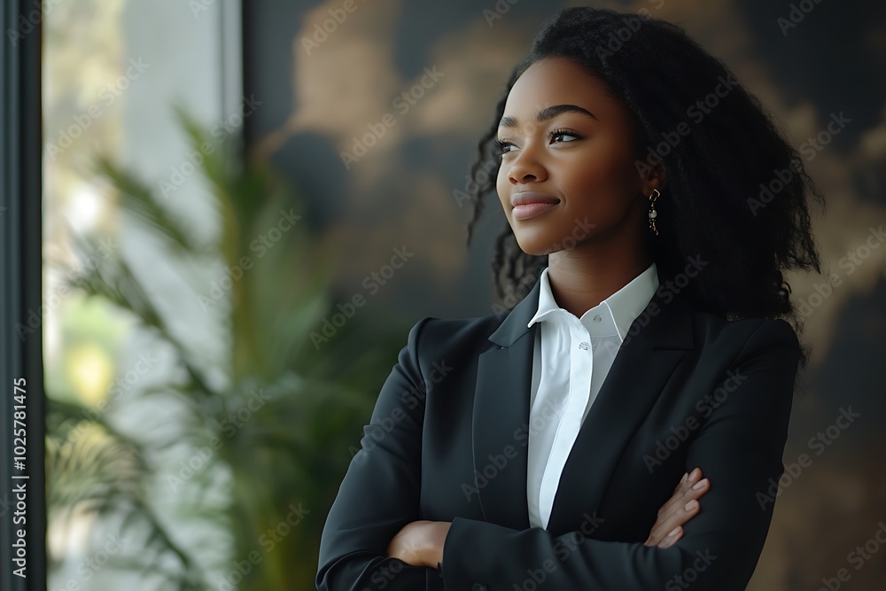 Smiling young African American businesswoman in suit standing in office, arms crossed on chest, looking away Smiling young African American businesswoman in suit standing in office, arms crossed on chest, looking away