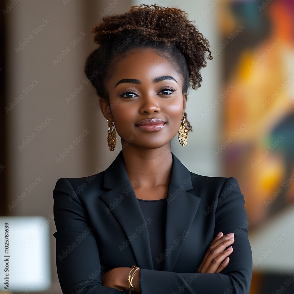 Smiling young African American businesswoman in suit standing in office, arms crossed on chest, looking away Smiling young African American businesswoman in suit standing in office, arms crossed on chest, looking away