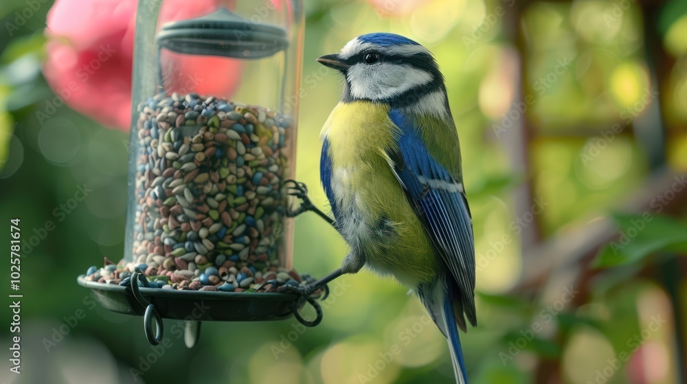 Naklejka premium Blue Tit Perched on a Bird Feeder with Seeds