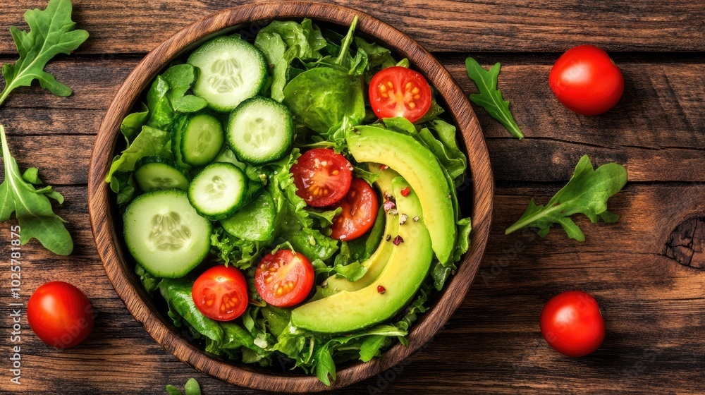 Fresh Salad With Vegetables and Greens in Wooden Bowl Fresh Salad With Vegetables and Greens in Wooden Bowl