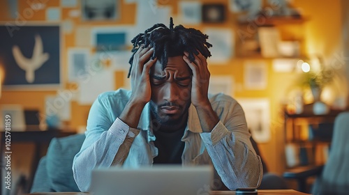  Stressed man holding head in hands while sitting on couch in home office during difficult day 