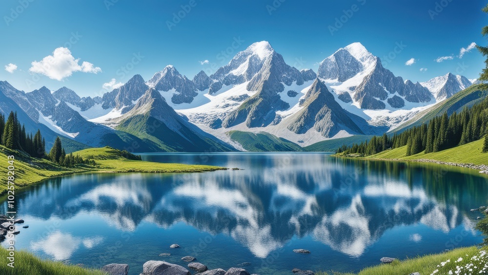 Scenic mountain landscape with a tranquil lake reflecting snow-capped peaks. Scenic mountain landscape with a tranquil lake reflecting snow-capped peaks.
