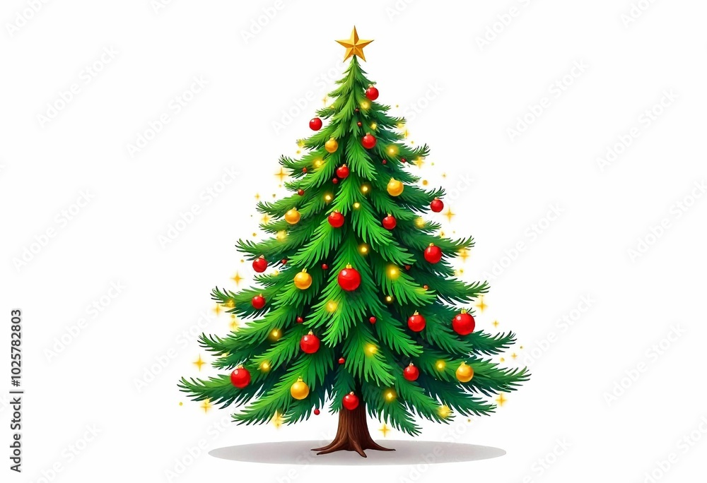 A decorated Christmas tree with green pine branches, red and gold ornaments, and twinkling lights, white background, illustration A decorated Christmas tree with green pine branches, red and gold ornaments, and twinkling lights, white background, illustration