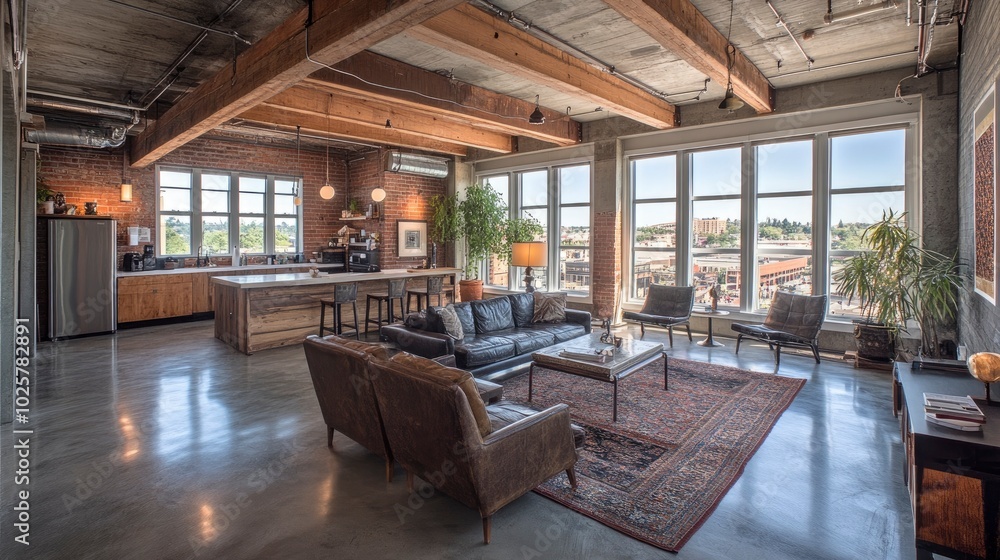 A stylish downtown loft converted into a creative workspace, with exposed beams, polished concrete floors, and large windows offering views of the city. Artists, designers, and tech professionals A stylish downtown loft converted into a creative workspace, with exposed beams, polished concrete floors, and large windows offering views of the city. Artists, designers, and tech professionals