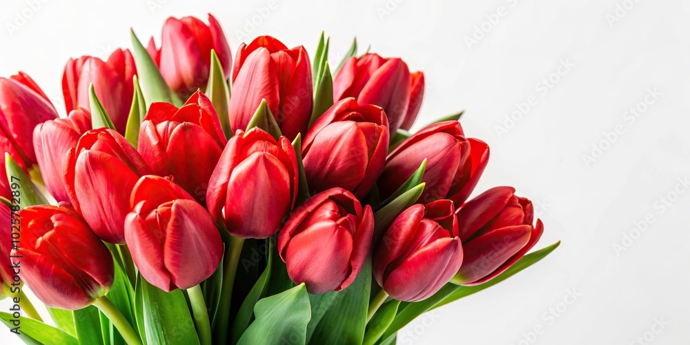 Close-up of red spring tulips bouquet on white background Close-up of red spring tulips bouquet on white background