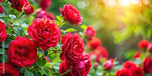 close-up of red rose flower bush in summer