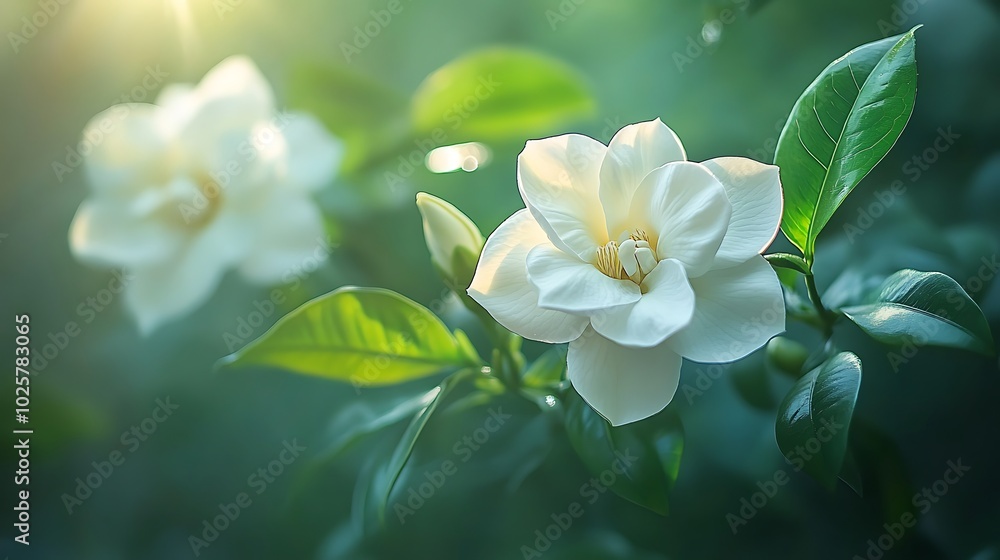 Two white gardenia flowers with green leaves in sunlight. Two white gardenia flowers with green leaves in sunlight.
