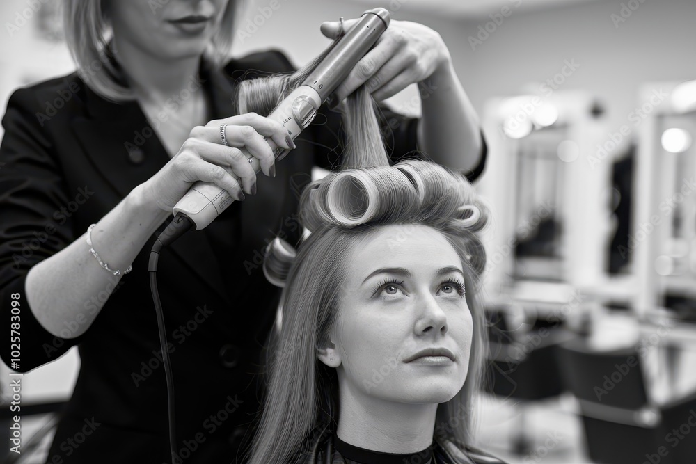 Fototapeta premium A woman is getting her hair curled by another woman