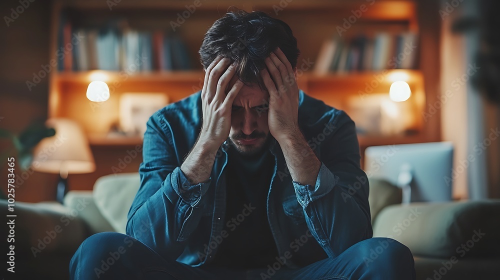 Stressed man holding head in hands while sitting on couch in home office during difficult day Stressed man holding head in hands while sitting on couch in home office during difficult day