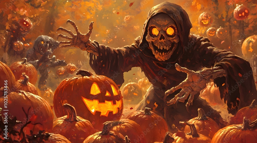 Spooky Halloween Pumpkin with Eerie Figure Spooky Halloween Pumpkin with Eerie Figure