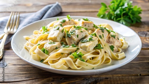 Creamy chicken fettuccine pasta topped with fresh parsley