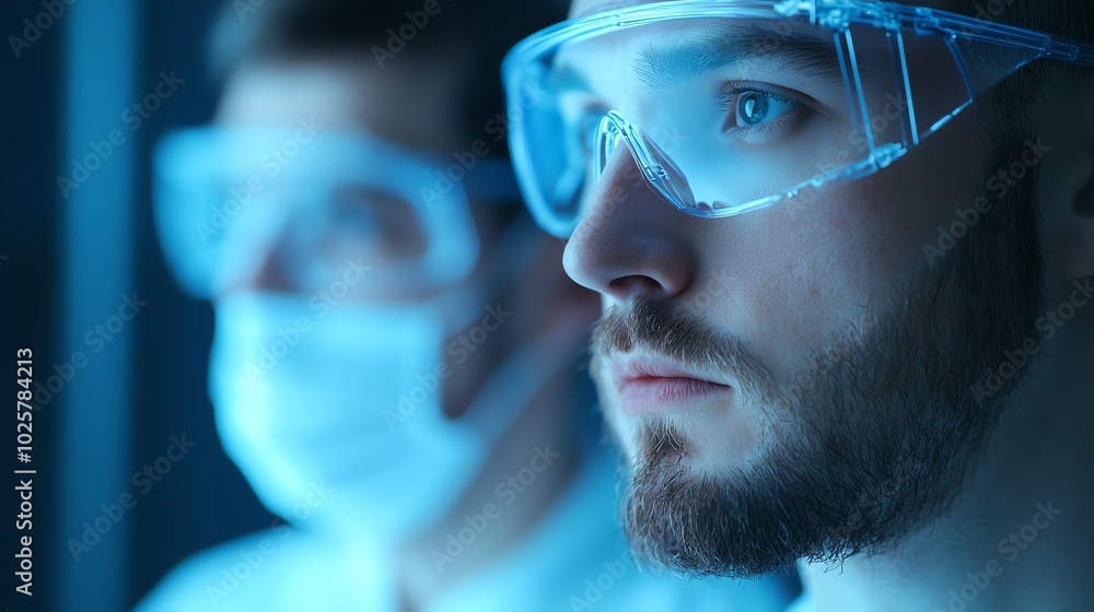 Researchers using augmented reality to explore 3D genetic models, soft lighting, sideangle shot Researchers using augmented reality to explore 3D genetic models, soft lighting, sideangle shot