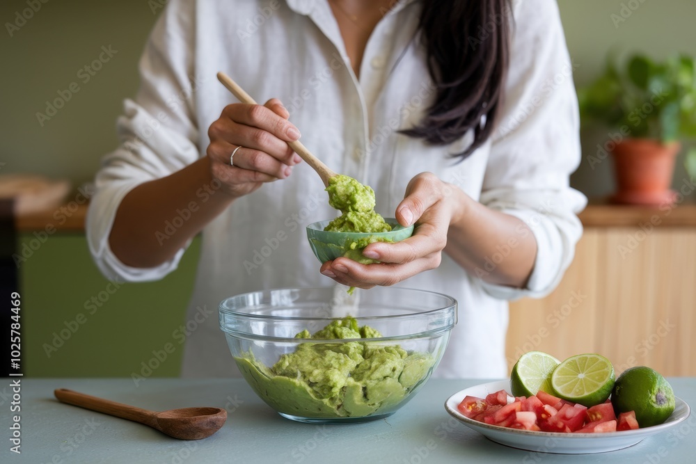 A woman is making guacamole and holding a spoon in a bowl A woman is making guacamole and holding a spoon in a bowl