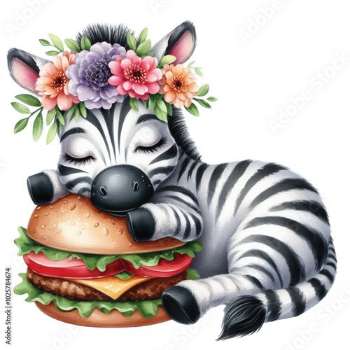 Zebra sleeping on a hamburger clipart watercolor