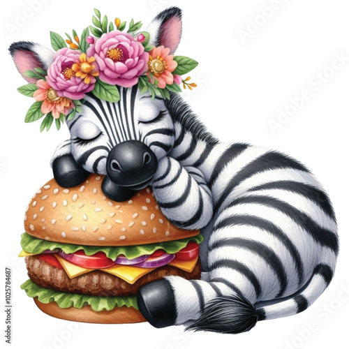 Zebra sleeping on a hamburger clipart watercolor