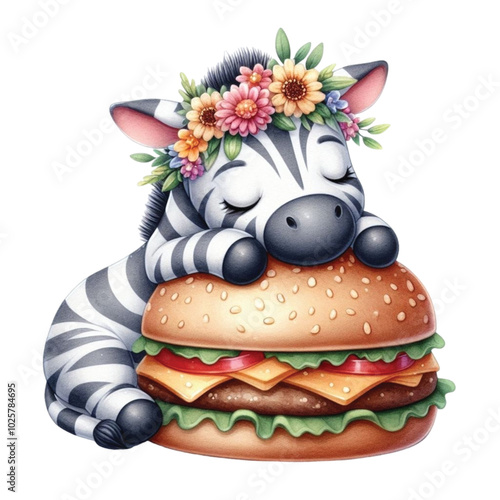 Zebra sleeping on a hamburger clipart watercolor