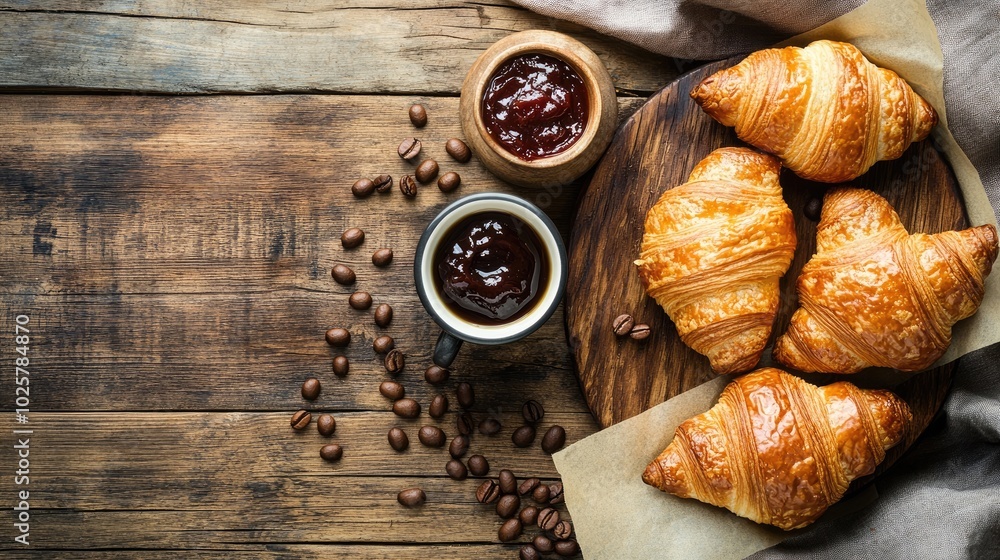 Fresh Croissants with Jam and Coffee on Wooden Table