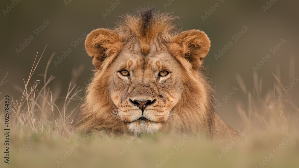 A majestic lion rests in tall grass, showcasing its powerful presence and striking features in a natural setting. A majestic lion rests in tall grass, showcasing its powerful presence and striking features in a natural setting.
