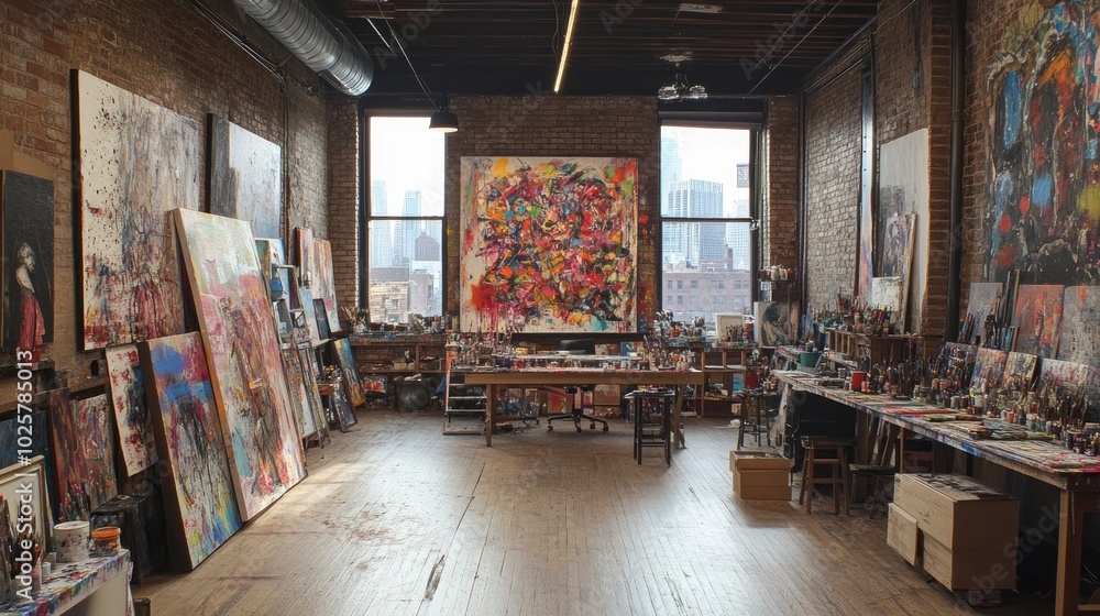 A large downtown art studio with high ceilings, exposed brick walls, and ample natural light. Artists work on their canvases, surrounded by paints, brushes, and sculptures in various stages of A large downtown art studio with high ceilings, exposed brick walls, and ample natural light. Artists work on their canvases, surrounded by paints, brushes, and sculptures in various stages of