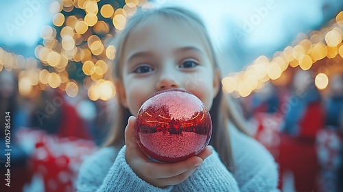 Child Holding Shiny Red Christmas Ornament Close Up