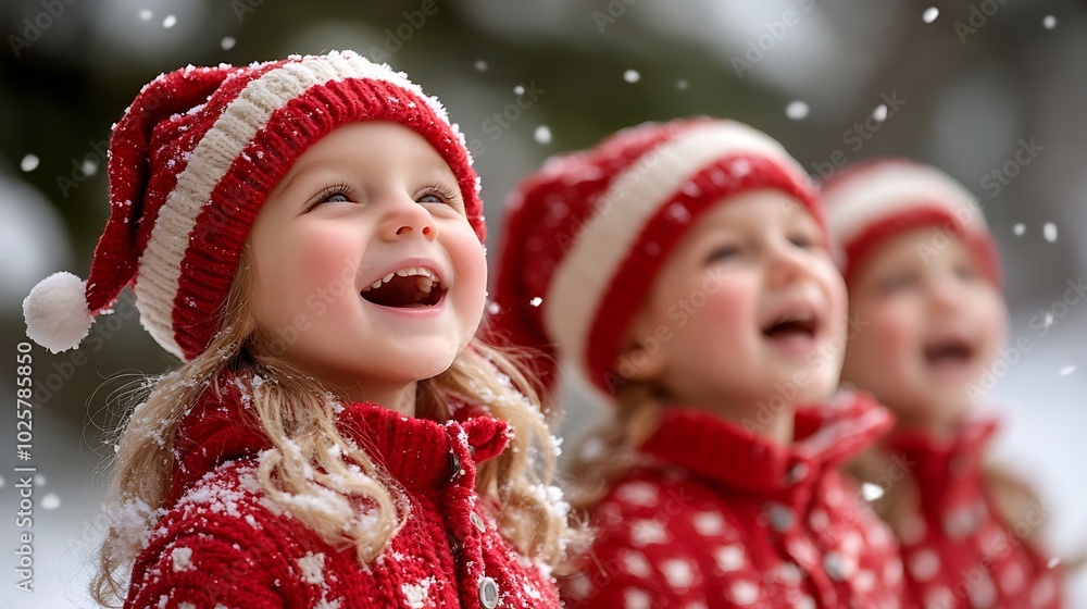 Joyful Children Wearing Christmas Hats in Snow Joyful Children Wearing Christmas Hats in Snow