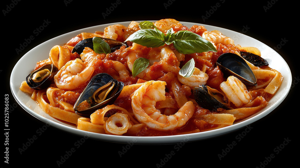 Pasta with seafood in tomato sauce, and shrimp and clams. AI generative. Pasta with seafood in tomato sauce, and shrimp and clams. AI generative.