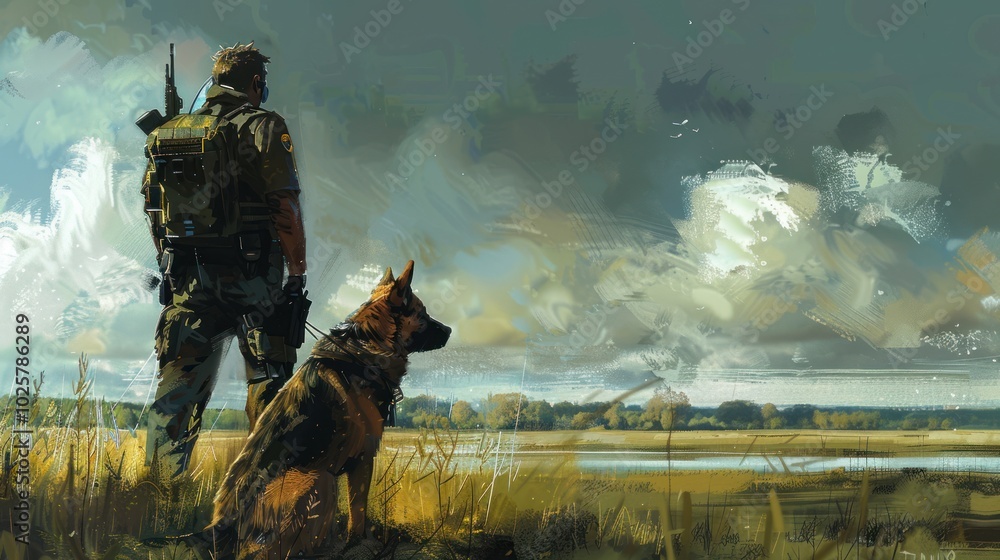 Fototapeta premium Soldier and German Shepherd Dog Standing by a River