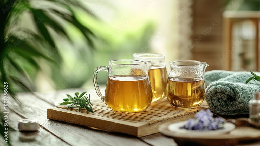 Elegant Bamboo Mat with Tea and Greenery Elegant Bamboo Mat with Tea and Greenery