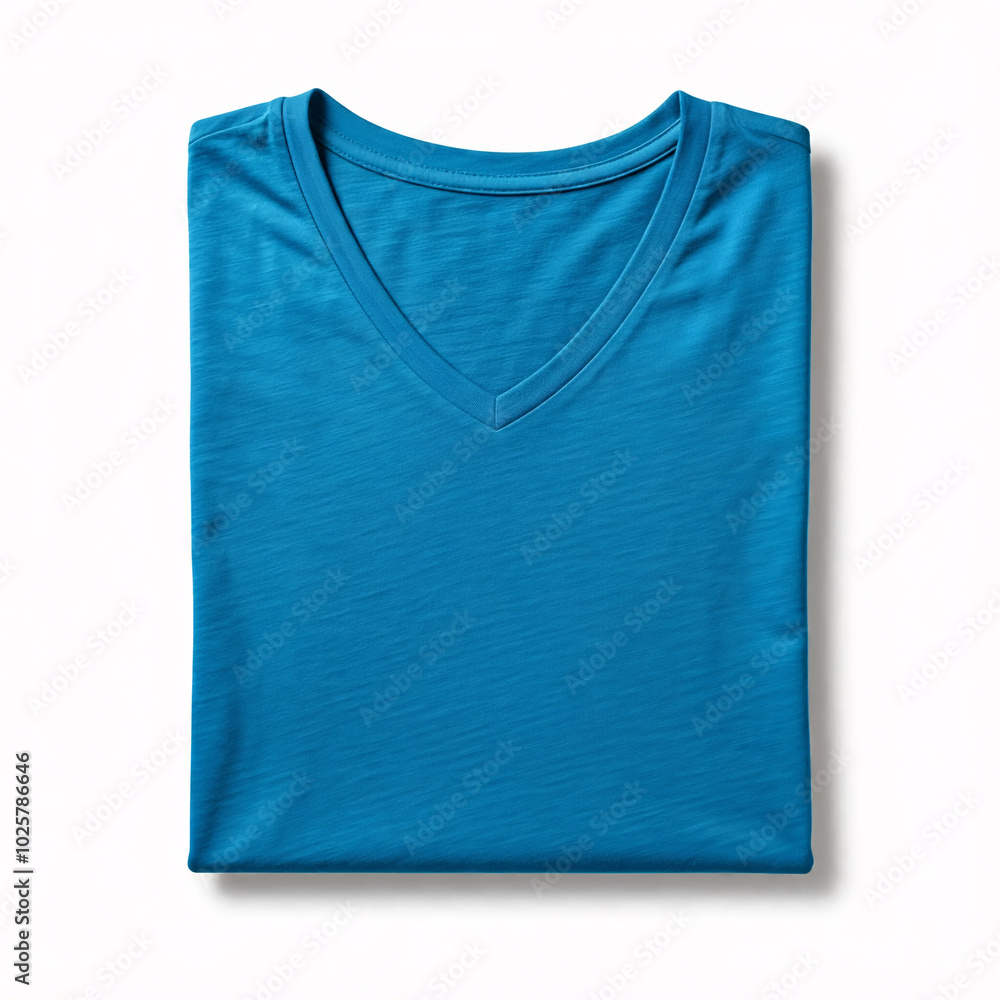 Folded Blue V-Neck T-Shirt Template on White Background Folded Blue V-Neck T-Shirt Template on White Background