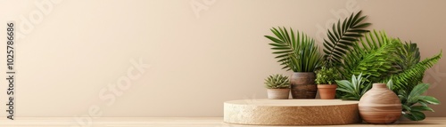 A beautiful arrangement of indoor plants on a wooden surface against a soft, neutral background, perfect for home decor