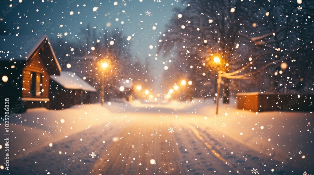 Snowy Evening Street with Warm Lighting Effects Snowy Evening Street with Warm Lighting Effects