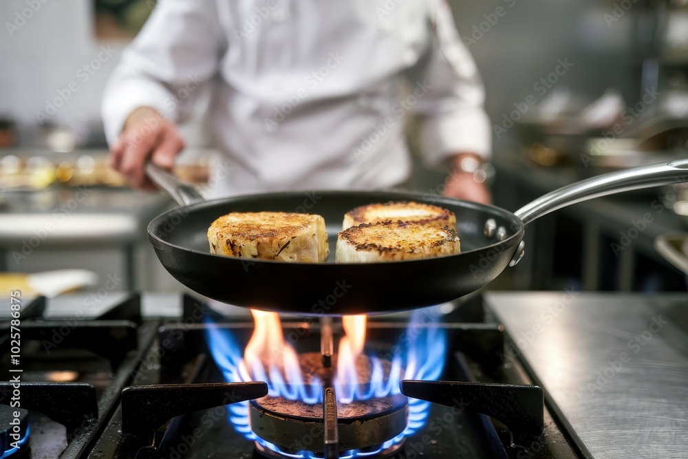 A chef is cooking meat on a stove with a pan on top of it A chef is cooking meat on a stove with a pan on top of it