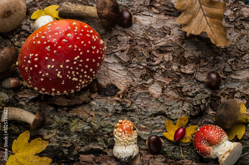 Autumn creative composition. Beautiful fly agarics, mushrooms, rose hips, leaves on the background of tree bark texture. Flat lay, top view, copy space photo