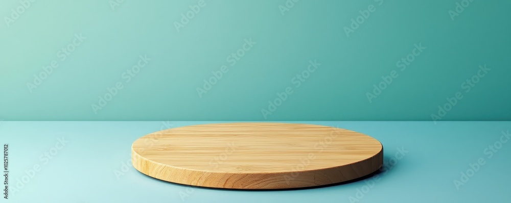 A minimal wooden round display stand on a turquoise background, perfect for showcasing products or food items A minimal wooden round display stand on a turquoise background, perfect for showcasing products or food items
