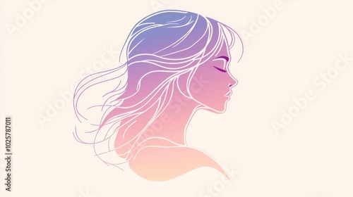 A minimalist illustration of a woman's profile with flowing hair in a gradient of pink and blue.