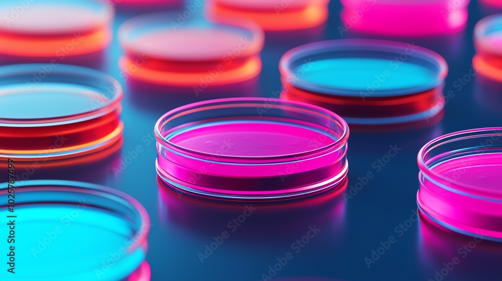 Closeup of glowing petri dishes with bioengineered samples, studio lighting, shallow depth of field Closeup of glowing petri dishes with bioengineered samples, studio lighting, shallow depth of field