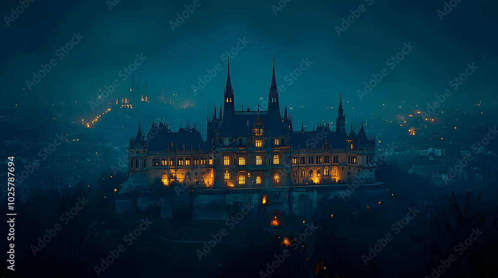 Fototapeta premium A Majestic Castle Stands Tall Against a Dark, Misty Night Sky, Illuminating the City Below with its Warm, Golden Lights
