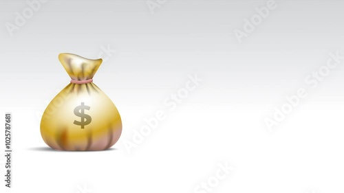 Animated video of a golden money bag with a dollar sign on a white background with blank space for text, symbolizing wealth, savings, financial prosperity and success goals.