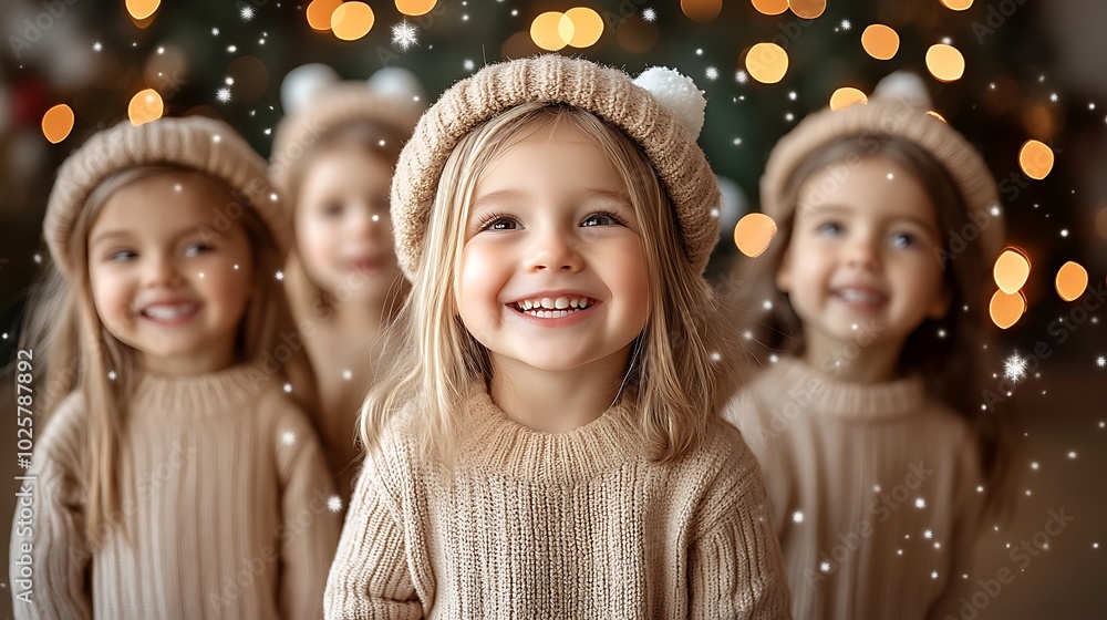 Joyful Children in Winter Attire with Cheerful Expressions Joyful Children in Winter Attire with Cheerful Expressions