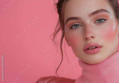 A fashion beautiful girl model in a pink turtleneck and pink background