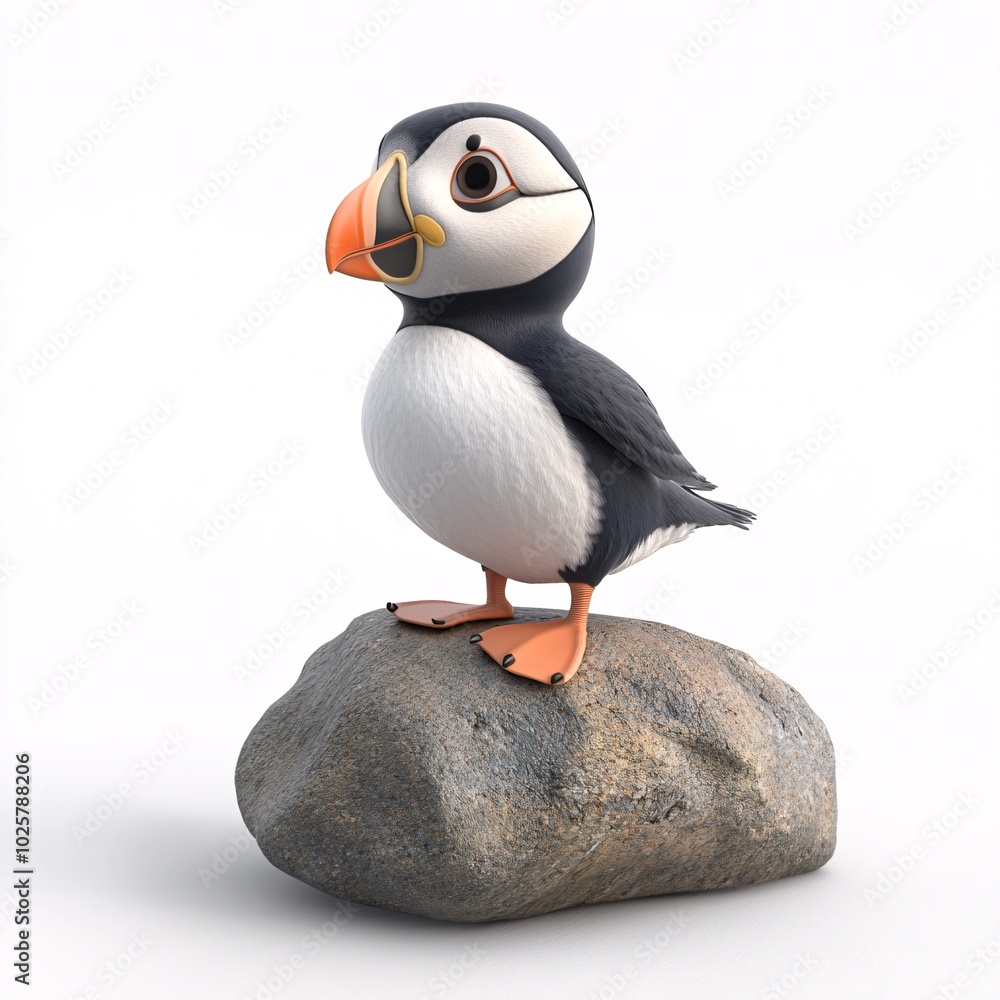 Naklejka premium Cute Cartoon Baby Puffin Standing on Rock