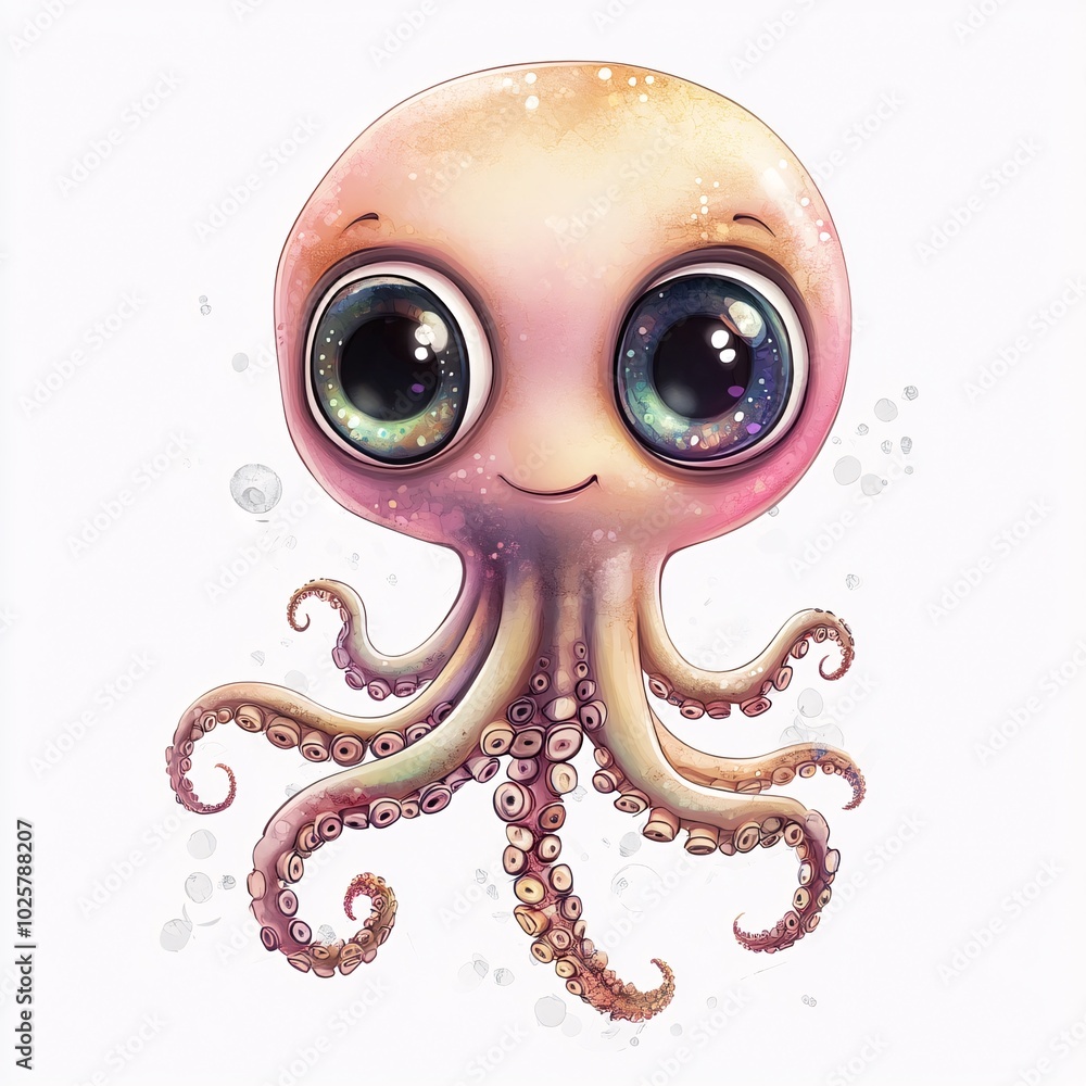 Cute Cartoon Baby Octopus with Big Eyes Standing Alone Cute Cartoon Baby Octopus with Big Eyes Standing Alone